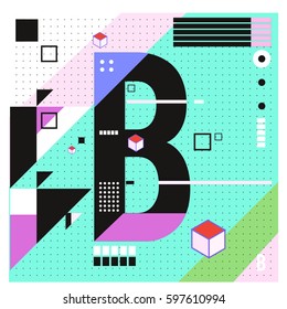 Vector Letter B Memphis style geometrical color outline font. Graphical decorative type. Template for poster design.