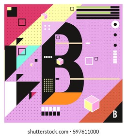 Vector Letter B Memphis style geometrical color outline font. Graphical decorative type. Template for poster design.