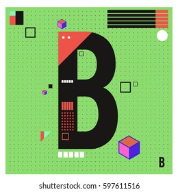 Vector Letter B Memphis style geometrical color outline font. Graphical decorative type. Template for poster design.