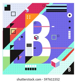 Vector Letter B Memphis style geometrical color outline font. Graphical decorative type. Template for poster design.