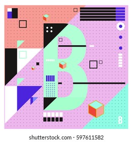 Vector Letter B Memphis style geometrical color outline font. Graphical decorative type. Template for poster design.