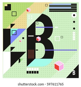 Vector Letter B Memphis style geometrical color outline font. Graphical decorative type. Template for poster design.