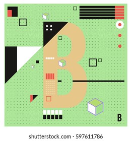 Vector Letter B Memphis style geometrical color outline font. Graphical decorative type. Template for poster design.