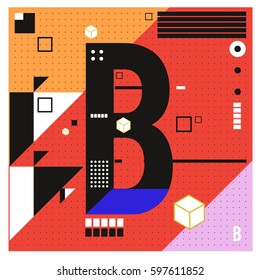 Vector Letter B Memphis style geometrical color outline font. Graphical decorative type. Template for poster design.