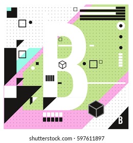 Vector Letter B Memphis style geometrical color outline font. Graphical decorative type. Template for poster design.