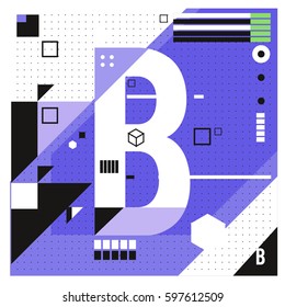 Vector Letter B Memphis style geometrical color outline font. Graphical decorative type. Template for poster design.