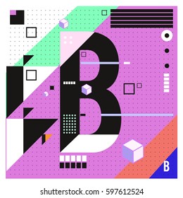 Vector Letter B Memphis style geometrical color outline font. Graphical decorative type. Template for poster design.