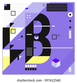 Vector Letter B Memphis style geometrical color outline font. Graphical decorative type. Template for poster design.