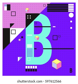 Vector Letter B Memphis style geometrical color outline font. Graphical decorative type. Template for poster design.