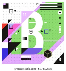 Vector Letter B Memphis style geometrical color outline font. Graphical decorative type. Template for poster design.