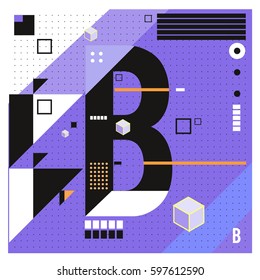 Vector Letter B Memphis style geometrical color outline font. Graphical decorative type. Template for poster design.