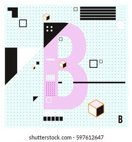 Vector Letter B Memphis style geometrical color outline font. Graphical decorative type. Template for poster design.