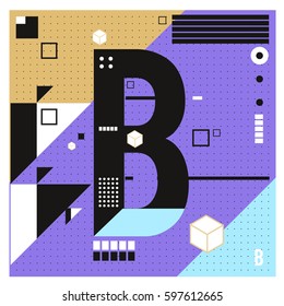Vector Letter B Memphis style geometrical color outline font. Graphical decorative type. Template for poster design.