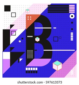Vector Letter B Memphis style geometrical color outline font. Graphical decorative type. Template for poster design.