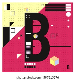 Vector Letter B Memphis style geometrical color outline font. Graphical decorative type. Template for poster design.
