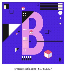 Vector Letter B Memphis style geometrical color outline font. Graphical decorative type. Template for poster design.