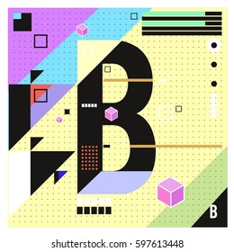 Vector Letter B Memphis style geometrical color outline font. Graphical decorative type. Template for poster design.