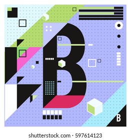 Vector Letter B Memphis style geometrical color outline font. Graphical decorative type. Template for poster design.