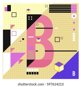 Vector Letter B Memphis style geometrical color outline font. Graphical decorative type. Template for poster design.