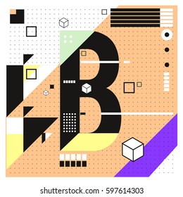 Vector Letter B Memphis style geometrical color outline font. Graphical decorative type. Template for poster design.