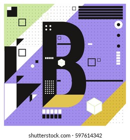 Vector Letter B Memphis style geometrical color outline font. Graphical decorative type. Template for poster design.