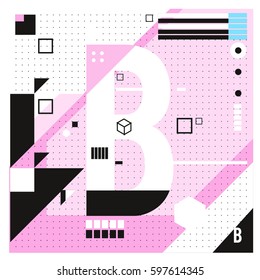 Vector Letter B Memphis style geometrical color outline font. Graphical decorative type. Template for poster design.