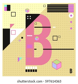 Vector Letter B Memphis style geometrical color outline font. Graphical decorative type. Template for poster design.