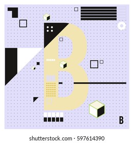 Vector Letter B Memphis style geometrical color outline font. Graphical decorative type. Template for poster design.