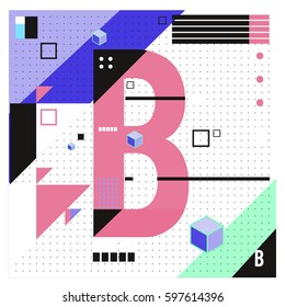 Vector Letter B Memphis style geometrical color outline font. Graphical decorative type. Template for poster design.