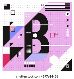 Vector Letter B Memphis style geometrical color outline font. Graphical decorative type. Template for poster design.