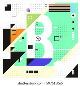 Vector Letter B Memphis style geometrical color outline font. Graphical decorative type. Template for poster design.