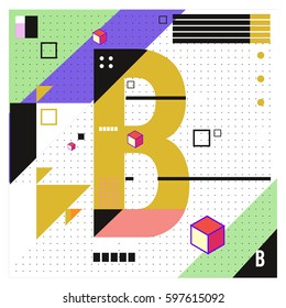 Vector Letter B Memphis style geometrical color outline font. Graphical decorative type. Template for poster design.