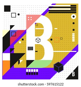Vector Letter B Memphis style geometrical color outline font. Graphical decorative type. Template for poster design.
