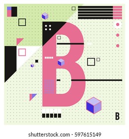 Vector Letter B Memphis style geometrical color outline font. Graphical decorative type. Template for poster design.