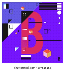 Vector Letter B Memphis style geometrical color outline font. Graphical decorative type. Template for poster design.