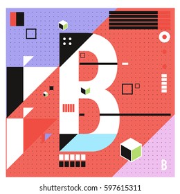 Vector Letter B Memphis style geometrical color outline font. Graphical decorative type. Template for poster design.