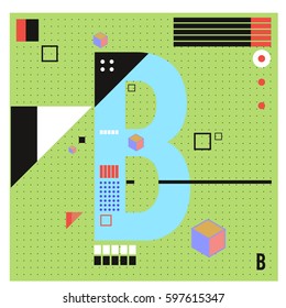 Vector Letter B Memphis style geometrical color outline font. Graphical decorative type. Template for poster design.