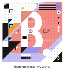 Vector Letter B Memphis style geometrical color outline font. Graphical decorative type. Template for poster design.