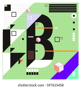 Vector Letter B Memphis style geometrical color outline font. Graphical decorative type. Template for poster design.