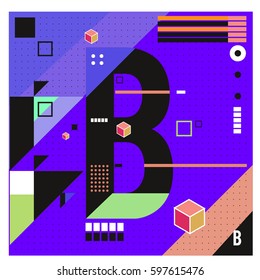 Vector Letter B Memphis style geometrical color outline font. Graphical decorative type. Template for poster design.