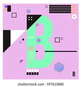 Vector Letter B Memphis style geometrical color outline font. Graphical decorative type. Template for poster design.