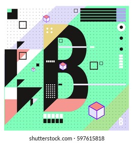 Vector Letter B Memphis style geometrical color outline font. Graphical decorative type. Template for poster design.