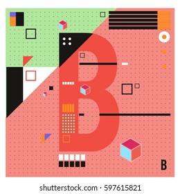 Vector Letter B Memphis style geometrical color outline font. Graphical decorative type. Template for poster design.