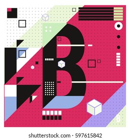 Vector Letter B Memphis style geometrical color outline font. Graphical decorative type. Template for poster design.