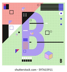 Vector Letter B Memphis style geometrical color outline font. Graphical decorative type. Template for poster design.