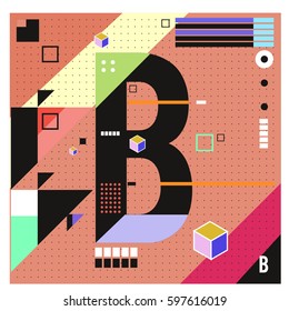 Vector Letter B Memphis style geometrical color outline font. Graphical decorative type. Template for poster design.