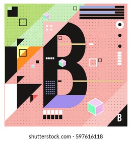 Vector Letter B Memphis style geometrical color outline font. Graphical decorative type. Template for poster design.