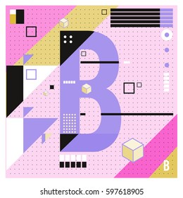 Vector Letter B Memphis style geometrical color outline font. Graphical decorative type. Template for poster design.
