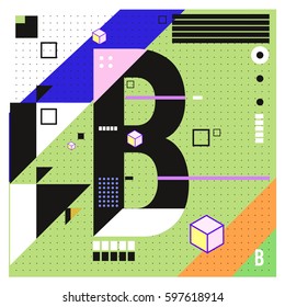 Vector Letter B Memphis style geometrical color outline font. Graphical decorative type. Template for poster design.