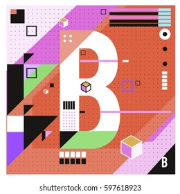 Vector Letter B Memphis style geometrical color outline font. Graphical decorative type. Template for poster design.